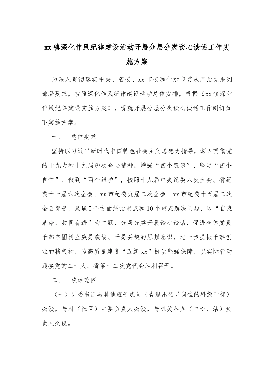 xx镇深化作风纪律建设活动开展分层分类谈心谈话工作实施方案_第1页