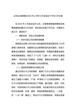公司企业管理部2022年上半年工作总结及下半年工作打算