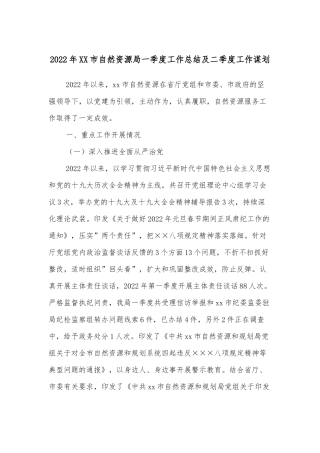 2022年XX市自然资源局一季度工作总结及二季度工作谋划