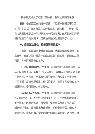 民宗委党组关于巡察“回头看”整改进展情况通报