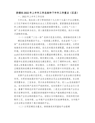 供销社2022年上半年工作总结和下半年工作重点（区县）