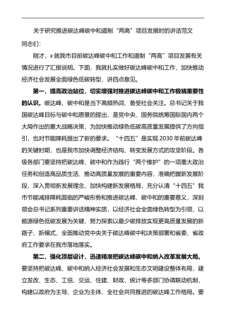 关于研究推进碳达峰碳中和遏制两高项目发展时的讲话