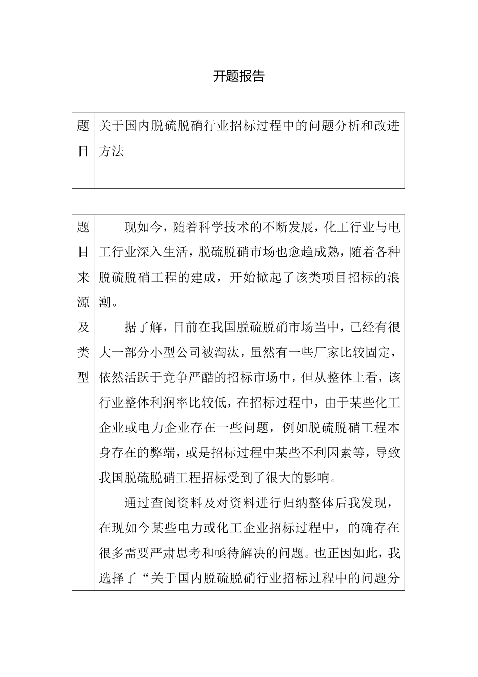 关于国内脱硫脱硝行业招标过程中的问题分析和改进方法（开题报告） 招采管理专业_第1页