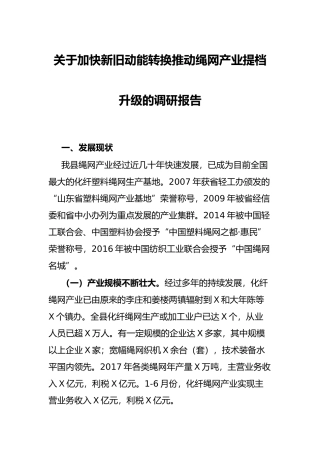 关于加快新旧动能转换推动绳网产业提档升级的调研报告