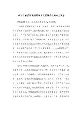 书记在省委巡视组巡视意见反馈会上的表态发言