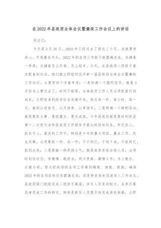 在2022年县政府全体会议暨廉政工作会议上的讲话