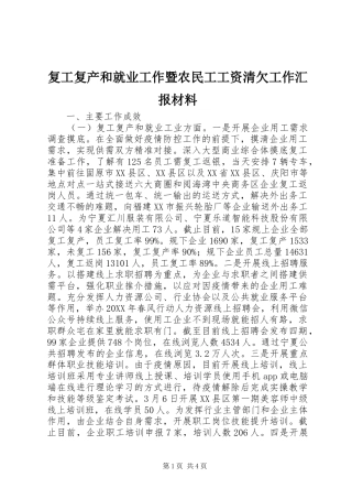 2024年复工复产和就业工作暨农民工工资清欠工作汇报材料