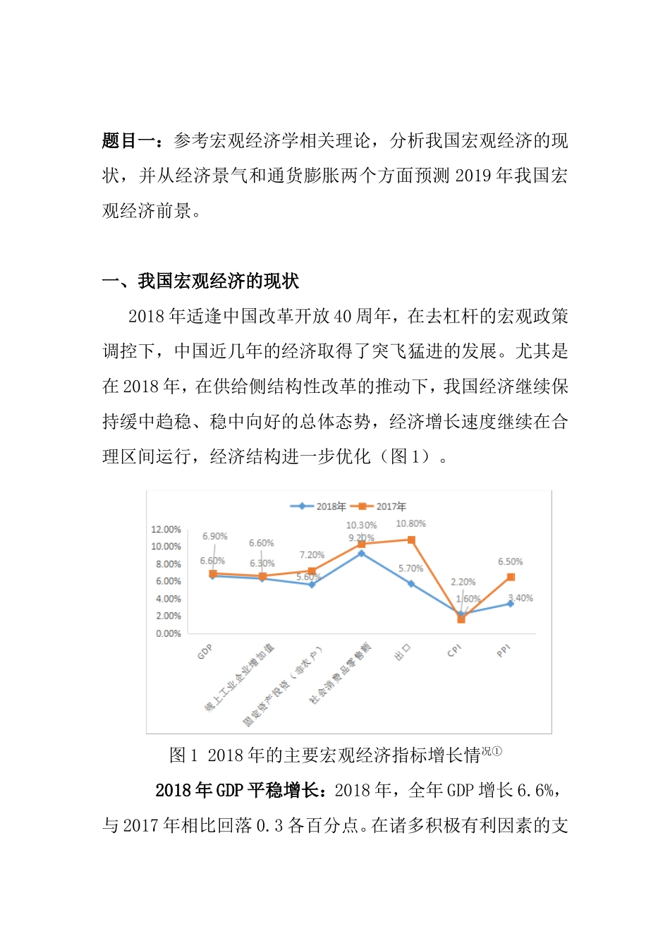宏观经济学科目作业 分析我国宏观经济的现状，并从经济景气和通货膨胀两个方面预测2019年我国宏观经济前景。_第1页