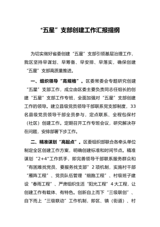 “五星”支部创建工作汇报提纲