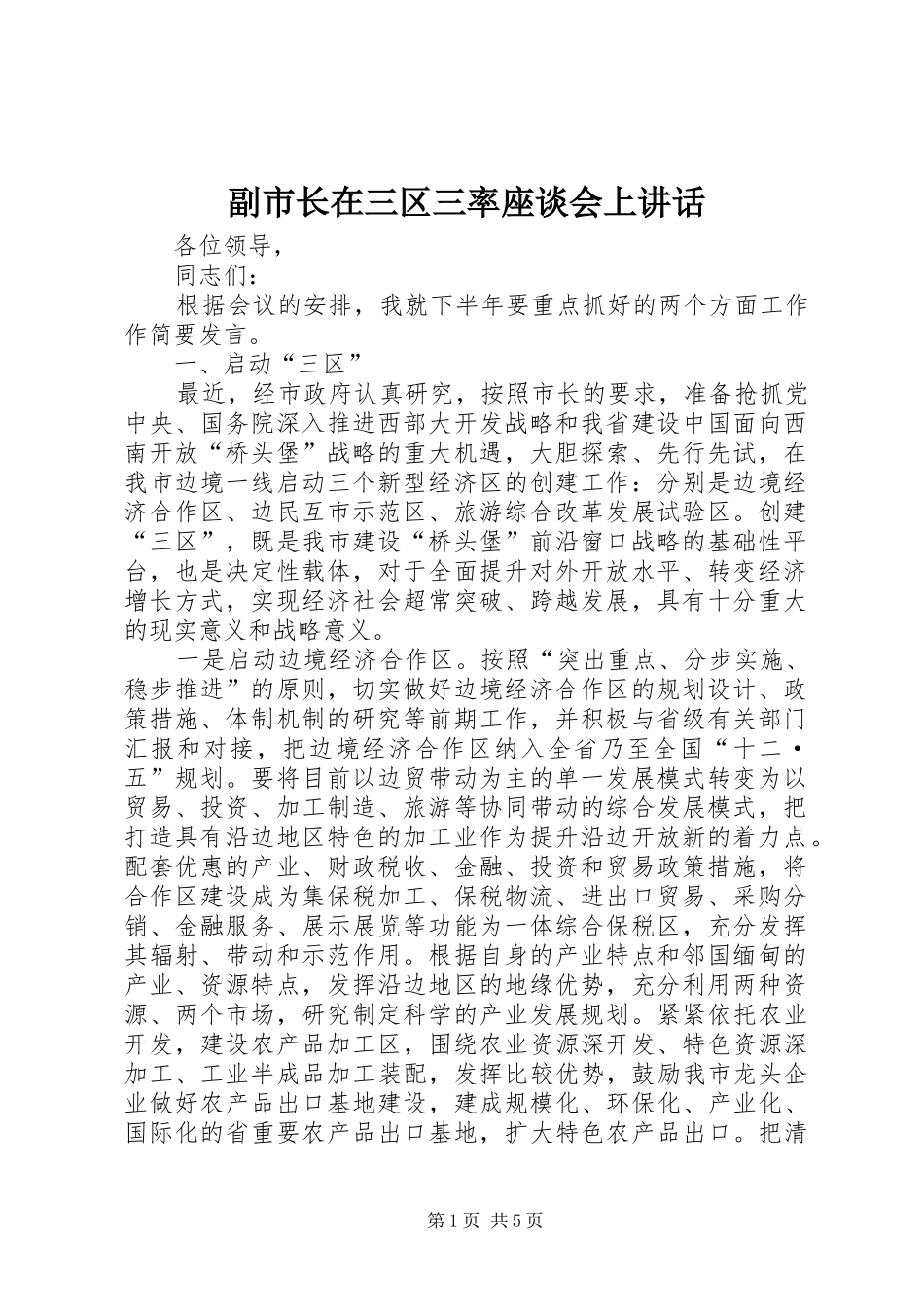 2024年副市长在三区三率座谈会上致辞_第1页