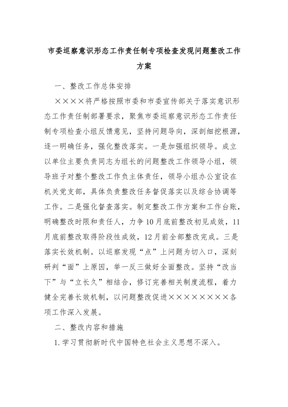 市委巡察意识形态工作责任制专项检查发现问题整改工作方案_第1页