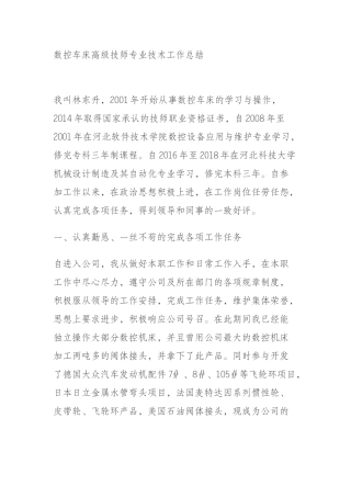数控车床高级技师专业技术工作总结