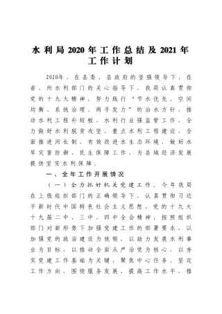水利局2020年工作总结及2021年工作计划