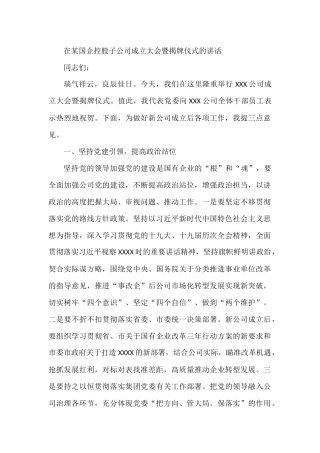 在某国企控股子公司成立大会暨揭牌仪式的讲话
