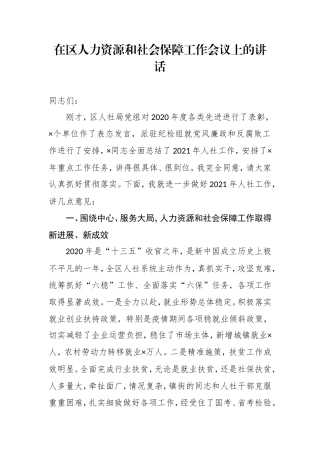 在区人力资源和社会保障工作会议上的讲话