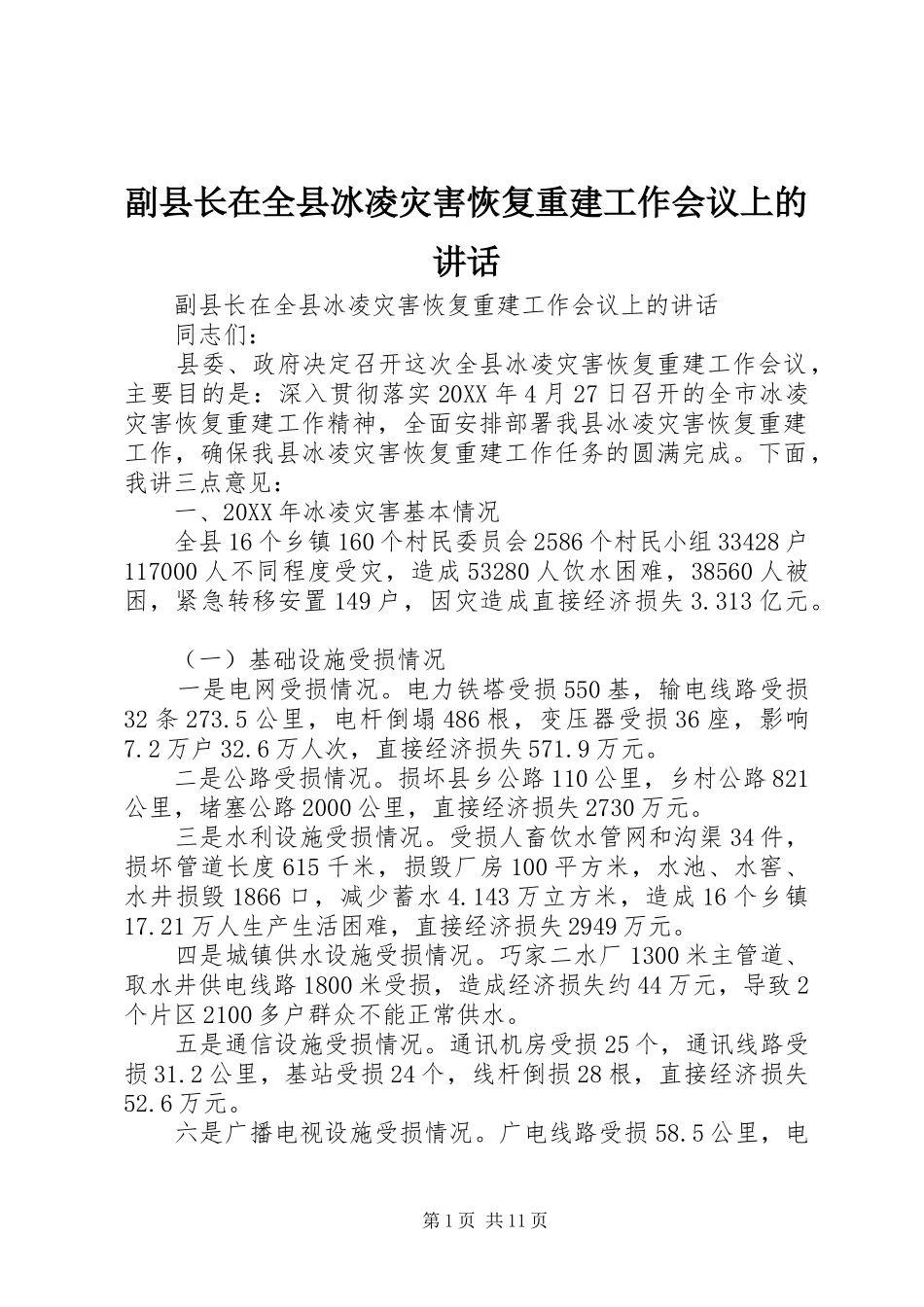 2024年副县长在全县冰凌灾害恢复重建工作会议上的致辞_第1页