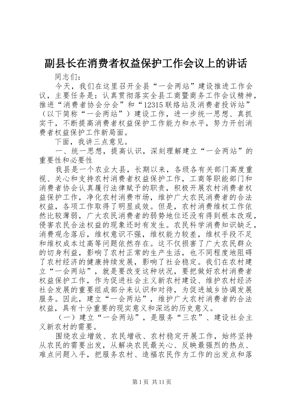 2024年副县长在消费者权益保护工作会议上的致辞_第1页