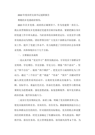 2022年度农村支部书记述职报告