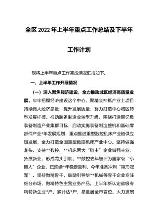 全区2022年上半年重点工作总结及下半年工作计划