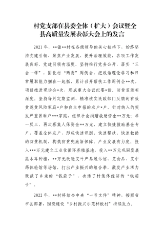 村党支部在县委全体（扩大）会议暨全县高质量发展表彰大会上的发言