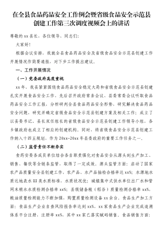 在全县食品药品安全工作例会暨省级食品安全示范县创建工作第三次调度视频会上的讲话