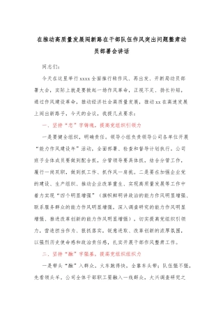 在推动高质量发展闯新路在干部队伍作风突出问题整肃动员部署会讲话