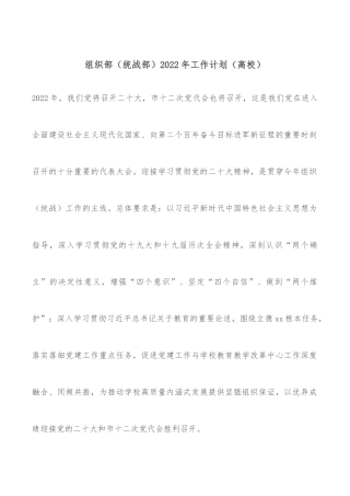 组织部（统战部）2022年工作计划（高校）