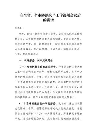 在全省、全市防汛抗旱工作视频会议后的讲话