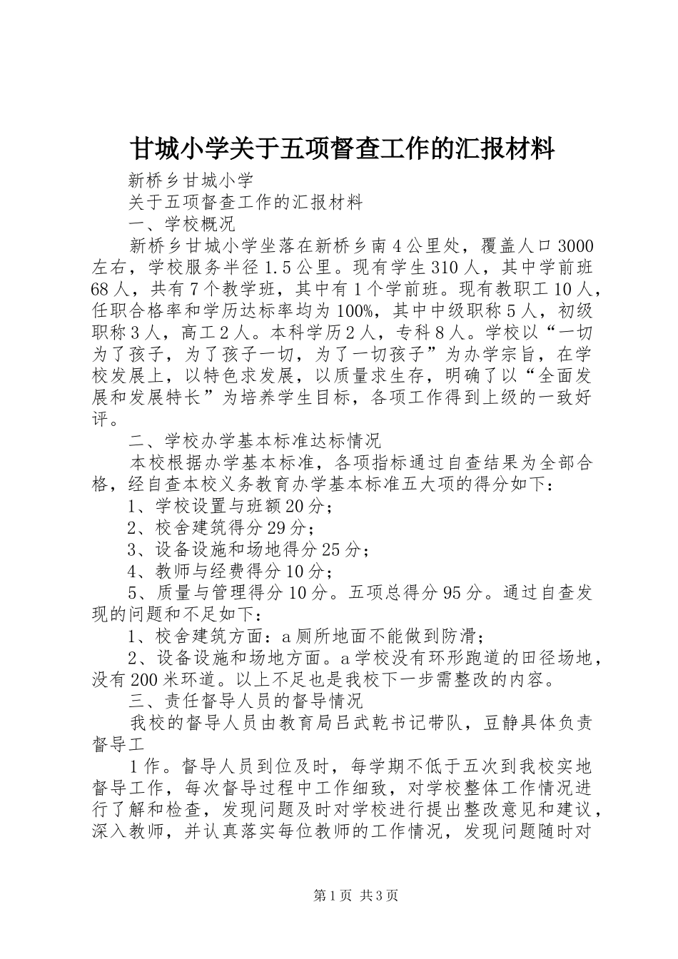 2024年甘城小学关于五项督查工作的汇报材料_第1页
