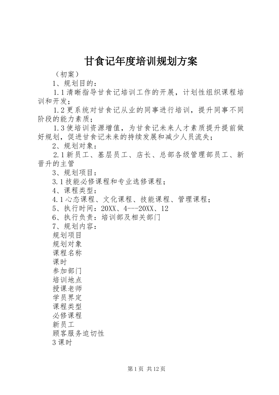 2024年甘食记年度培训规划方案_第1页