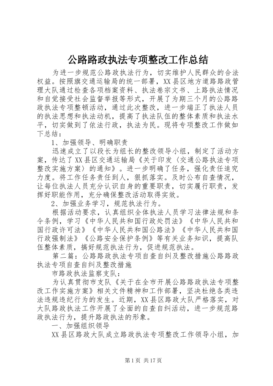 2024年公路路政执法专项整改工作总结_第1页