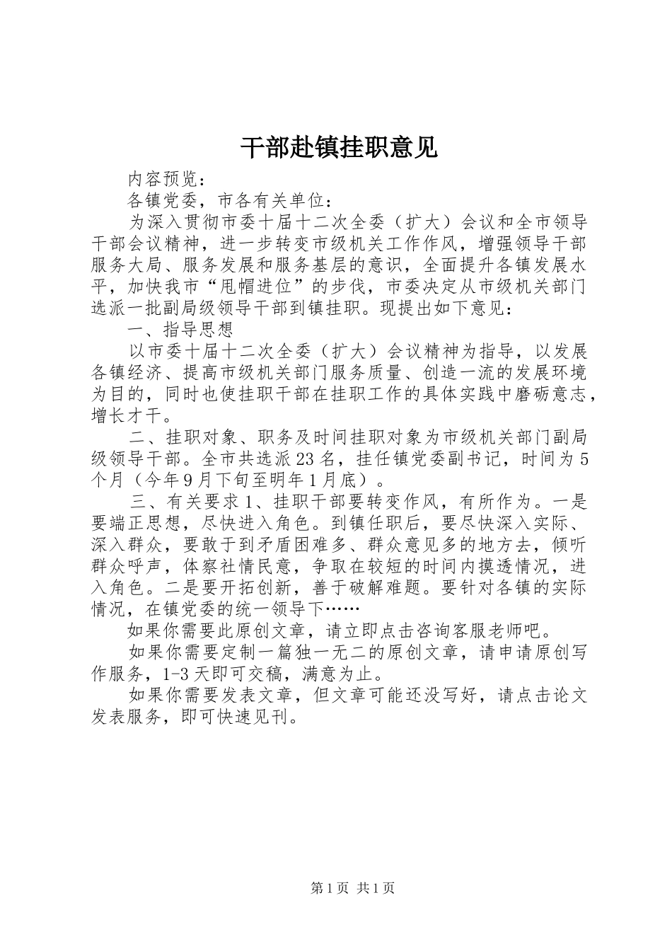 2024年干部赴镇挂职意见_第1页