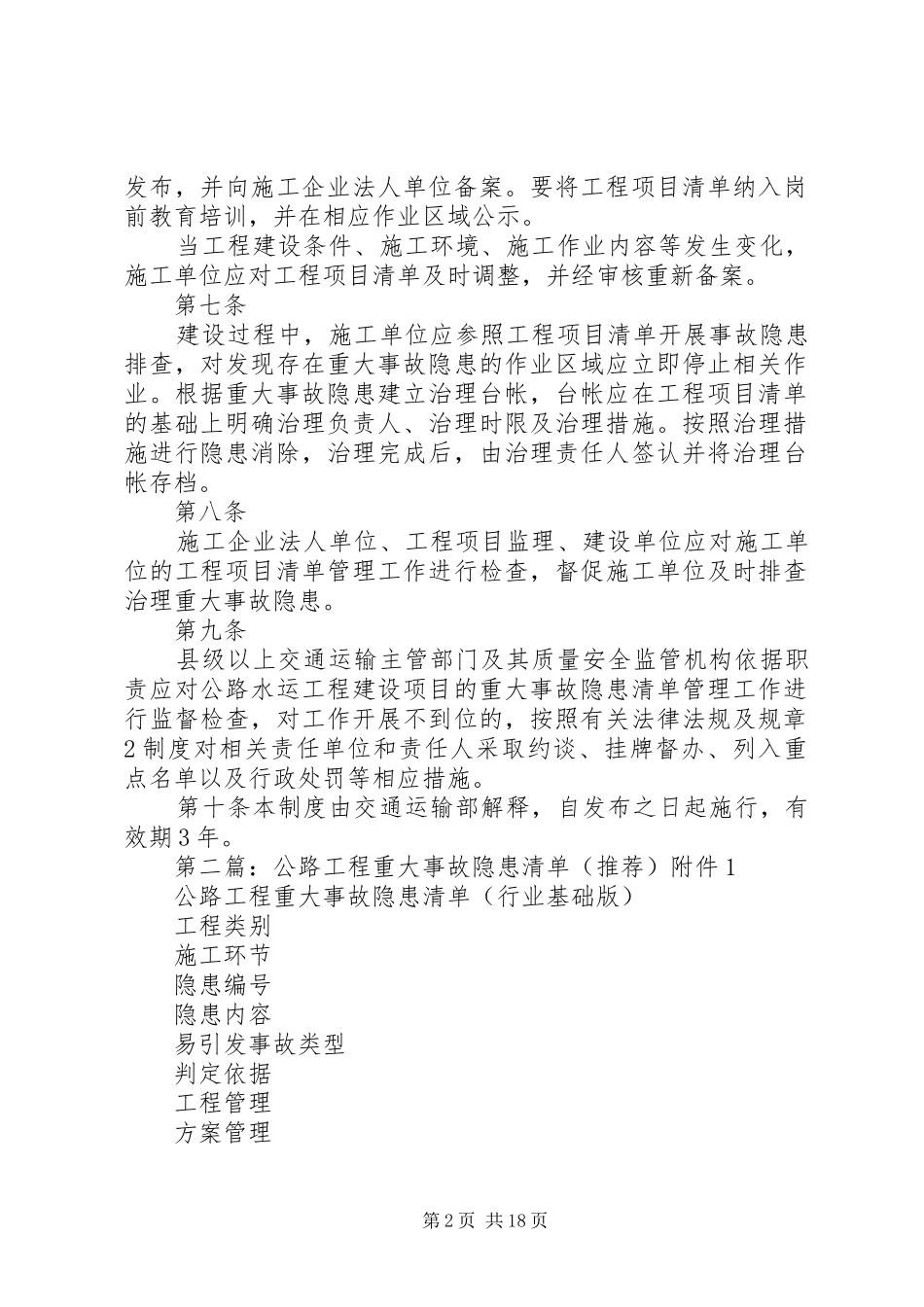 2024年公路水运工程重大事故隐患清单管理制度交通运输部_第2页