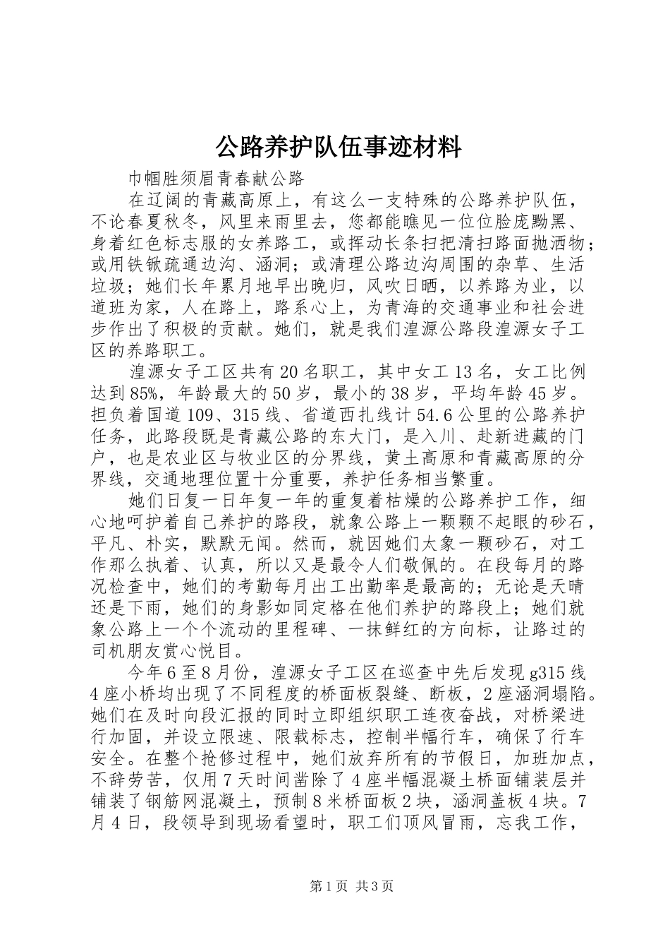 2024年公路养护队伍事迹材料_第1页