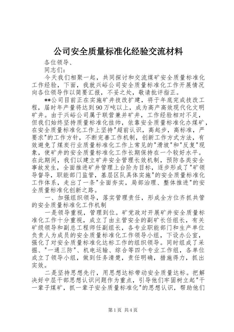 2024年公司安全质量标准化经验交流材料_第1页