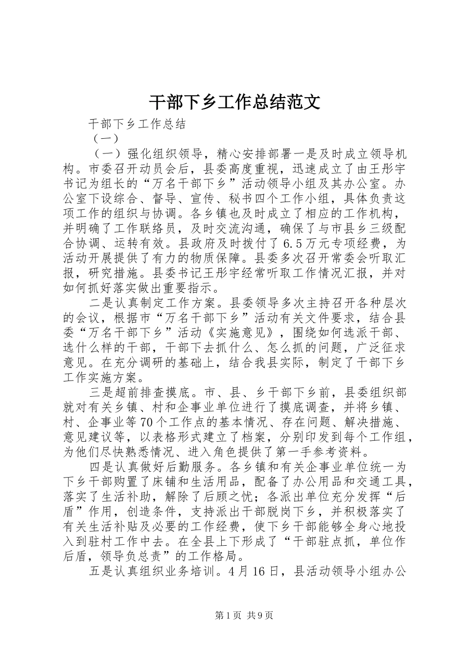 2024年干部下乡工作总结范文_第1页