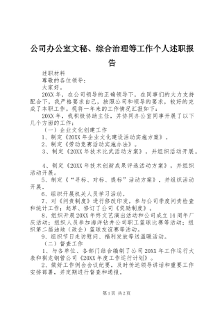 2024年公司办公室文秘综合治理等工作个人述职报告