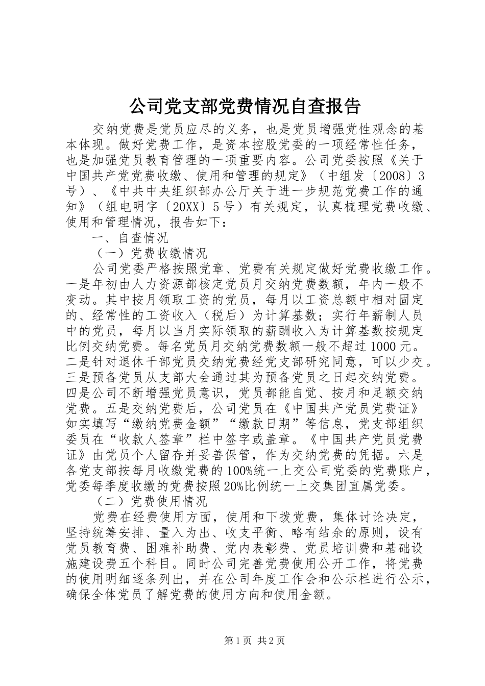 2024年公司党支部党费情况自查报告_第1页