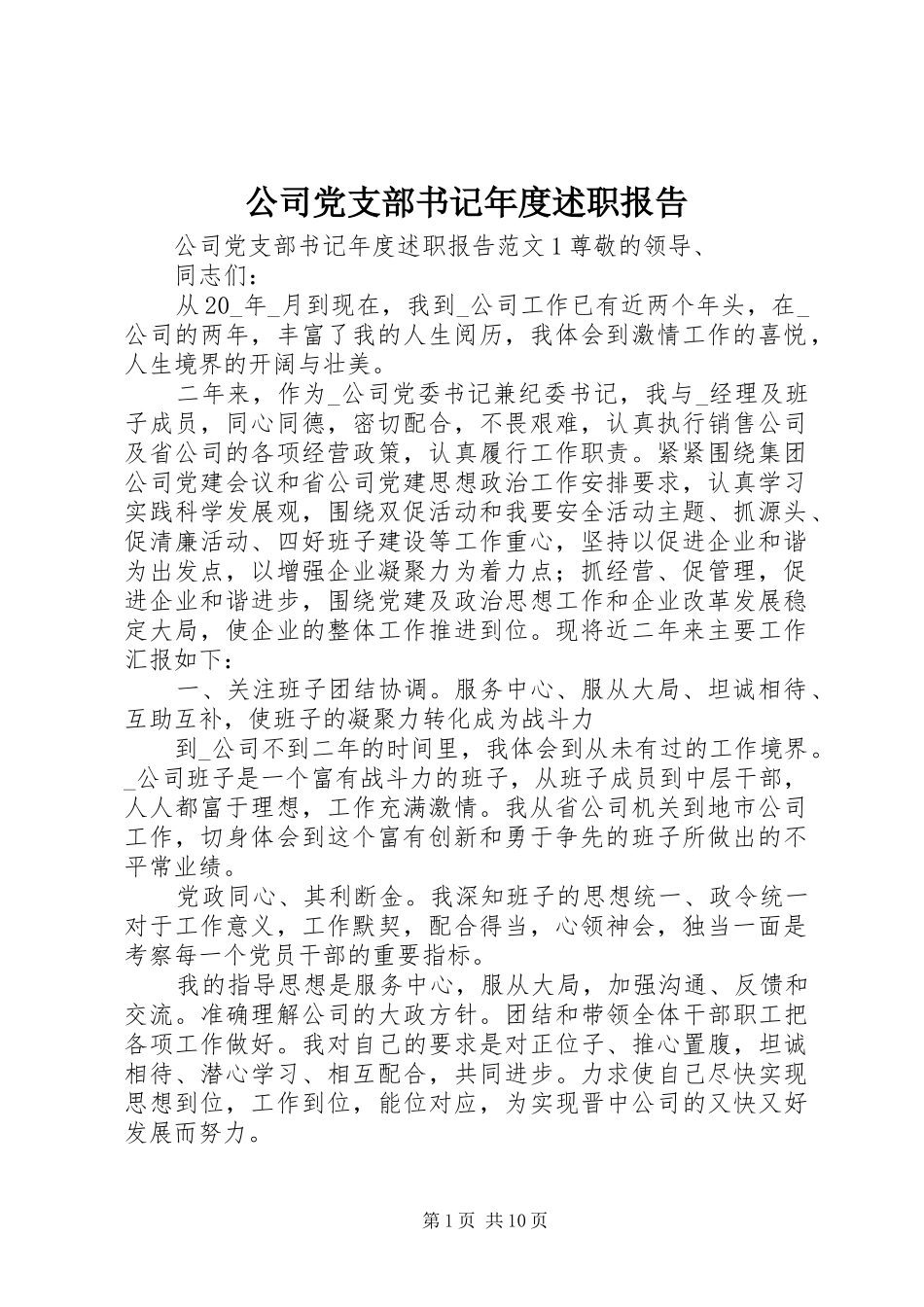 2024年公司党支部书记年度述职报告_第1页
