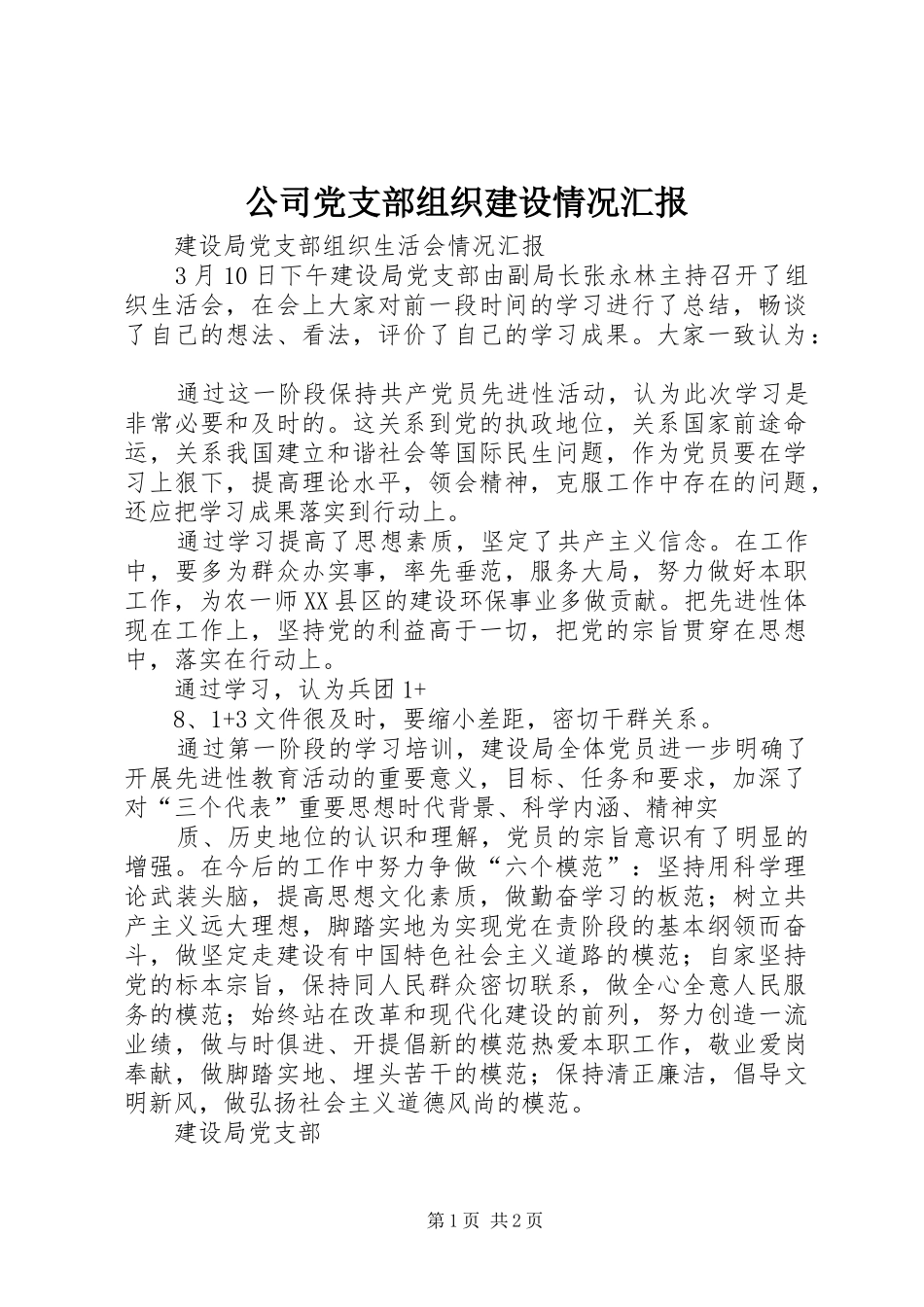 2024年公司党支部组织建设情况汇报_第1页