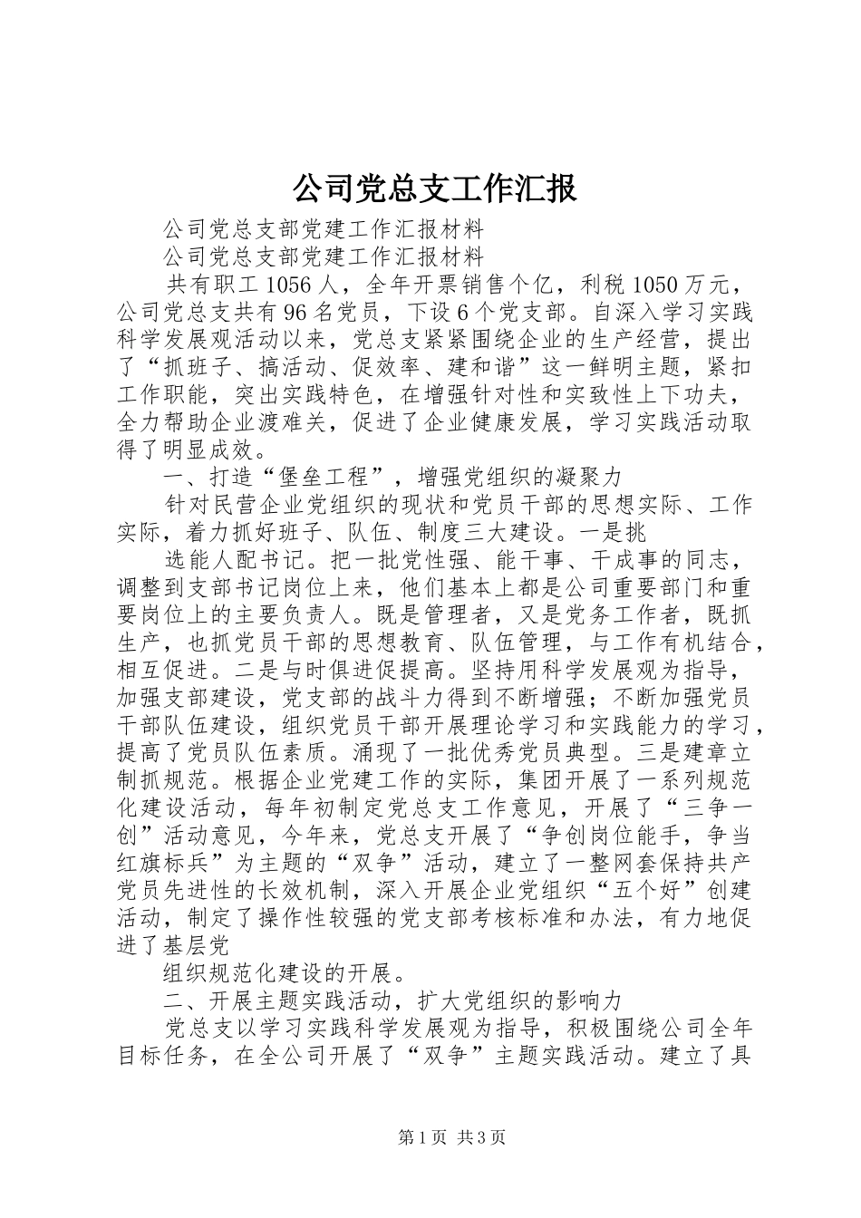 2024年公司党总支工作汇报_第1页
