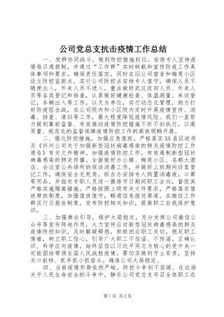 2024年公司党总支抗击疫情工作总结