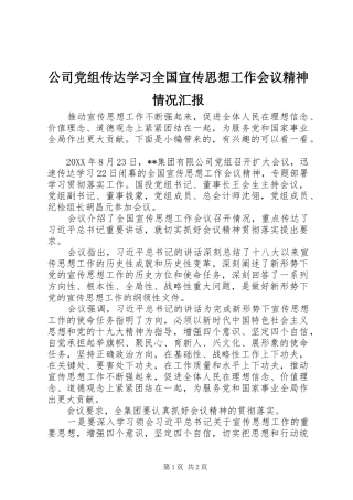 2024年公司党组传达学习全国宣传思想工作会议精神情况汇报