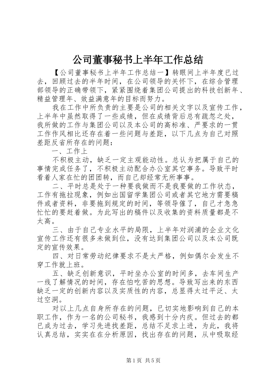 2024年公司董事秘书上半年工作总结_第1页
