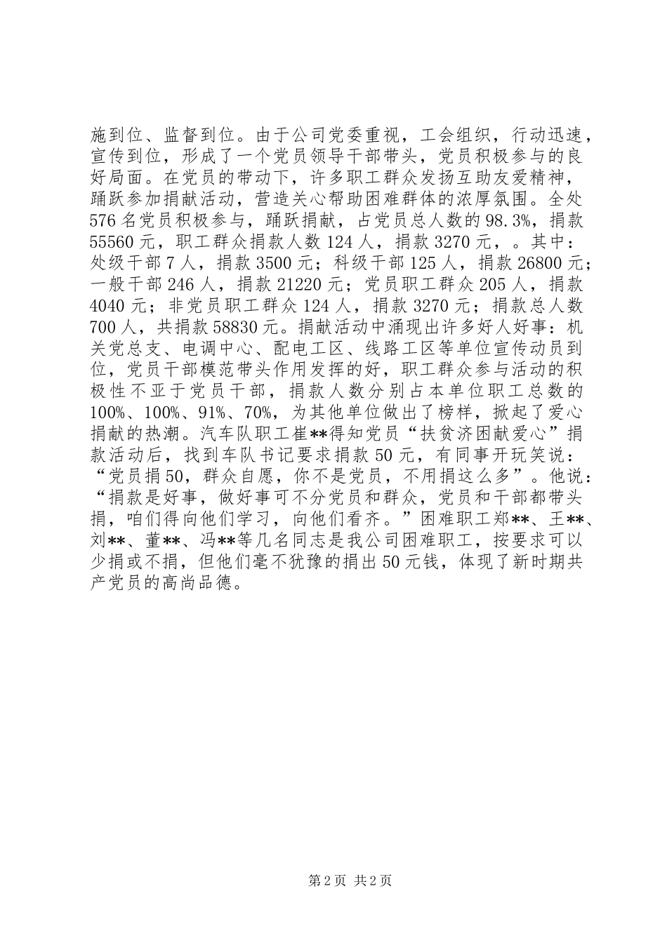 2024年公司扶贫济困献爱心捐献活动总结_第2页