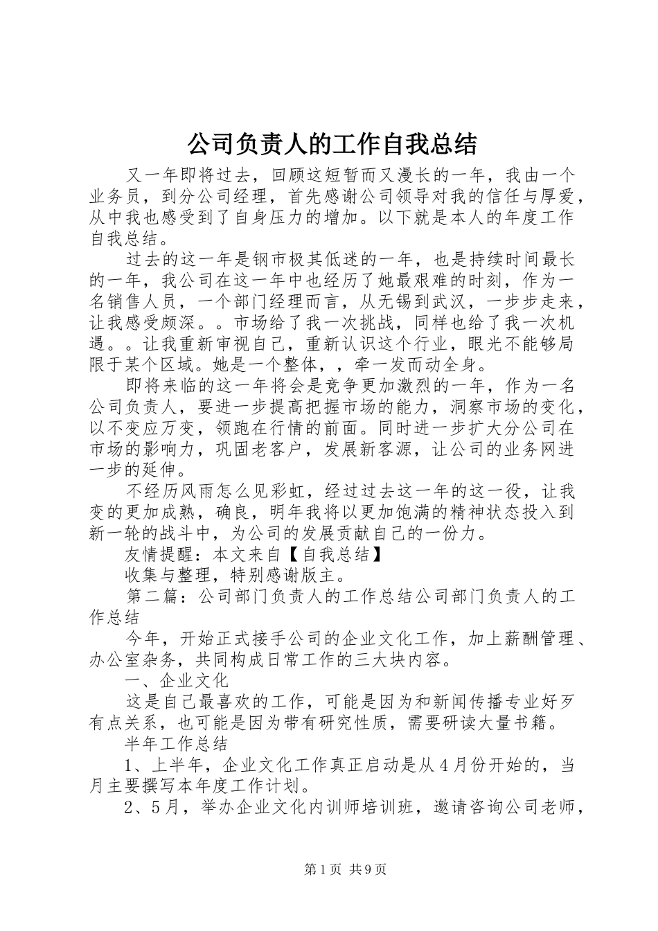 2024年公司负责人的工作自我总结_第1页