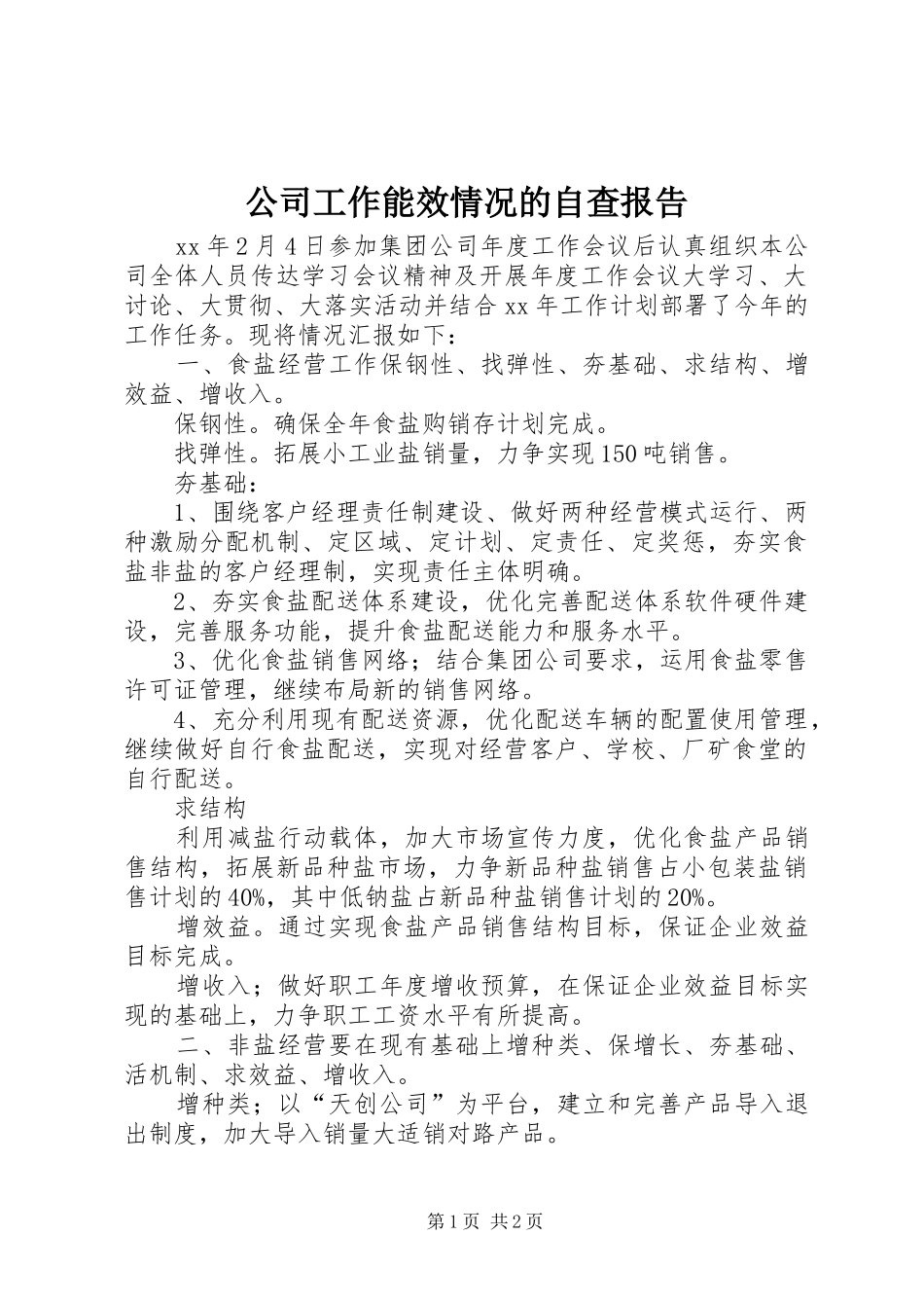 2024年公司工作能效情况的自查报告_第1页