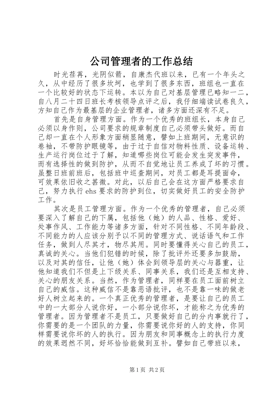 2024年公司管理者的工作总结_第1页