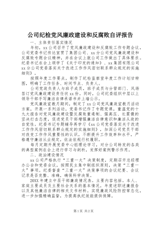 2024年公司纪检党风廉政建设和反腐败自评报告