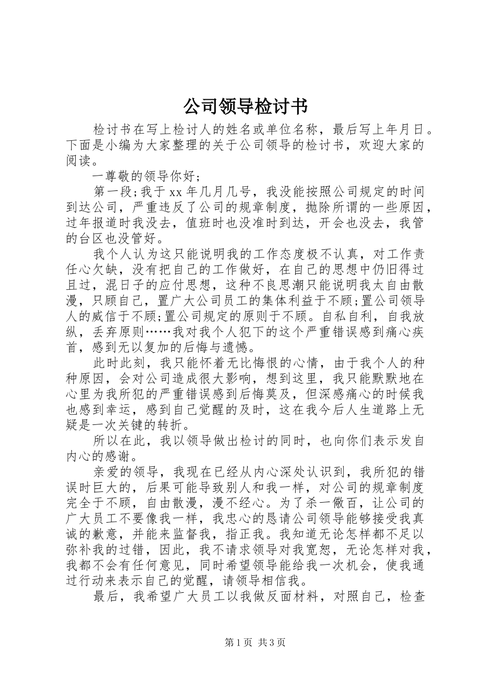 2024年公司领导检讨书_第1页